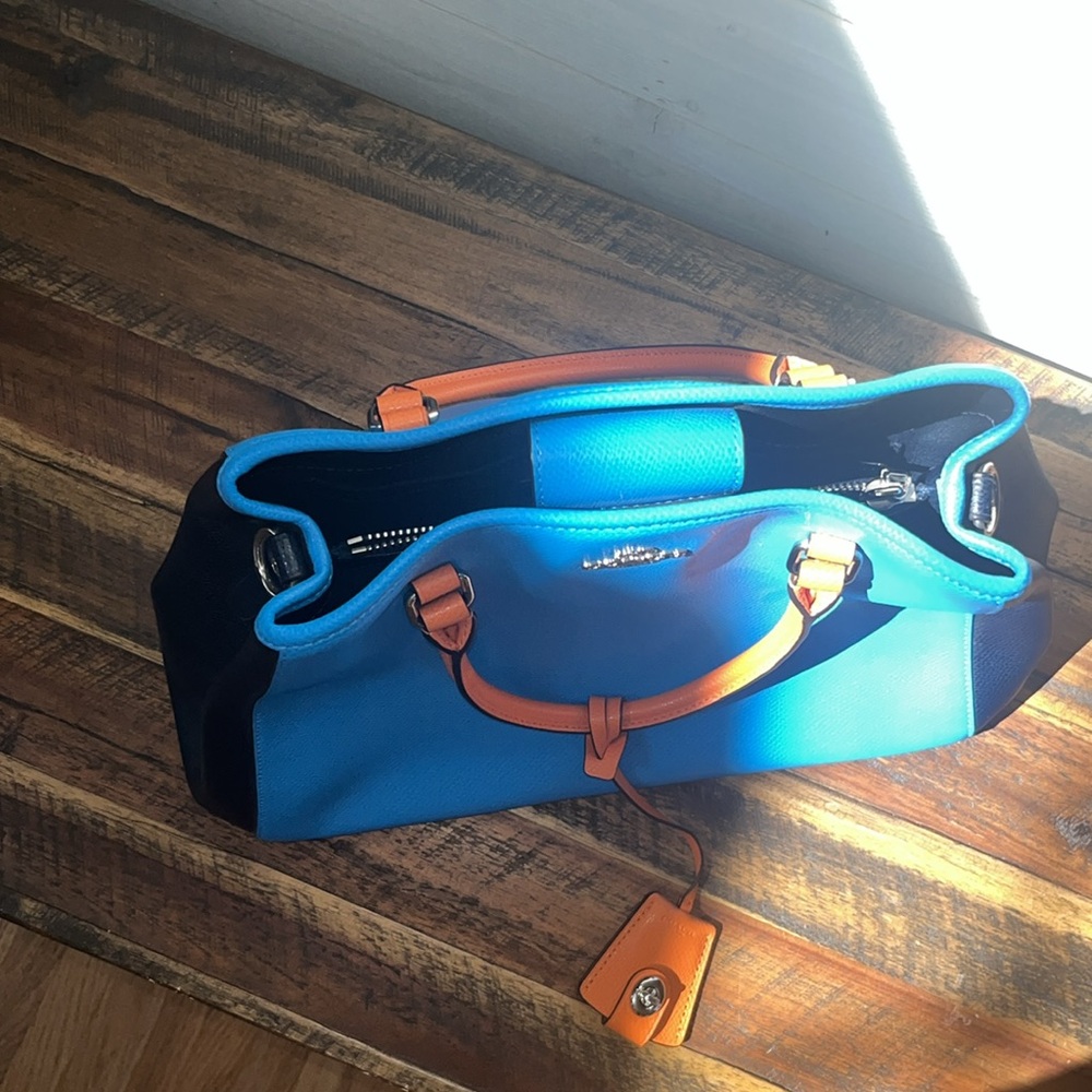 Coach Bright Blue Leather Tote with Orange Trim and Black Sides - Picture 14 of 15